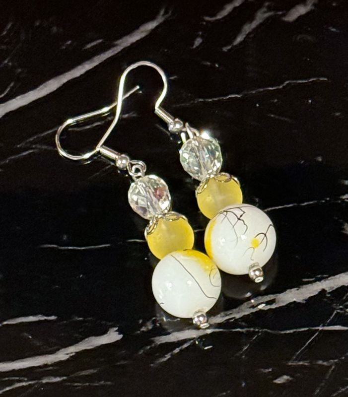 Yellow And White Earrings, Stainless Steel