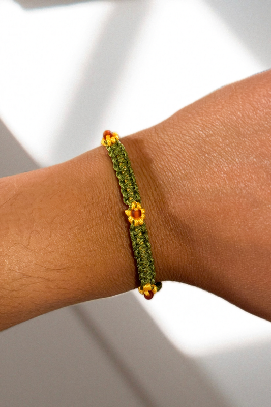 Green and Yellow Braided Bracelet w/ Brown Beads, Adjustable