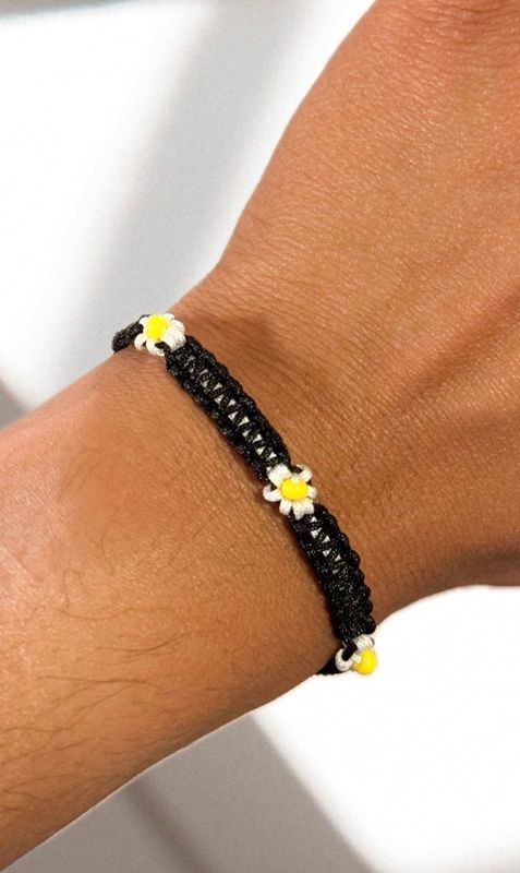 Black and White Braided Bracelet w/ Yellow Beads, Adjustable