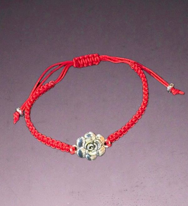 Red Braided Bracelet w/ Floral Charm, Adjustable