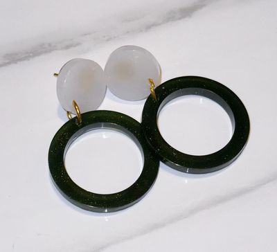 Green and White Circular Stud Earrings