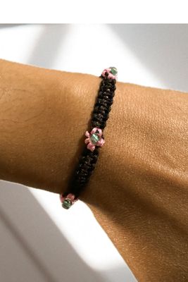 Pink And Black Braided Bracelet w/ Blue Beads, Adjustable