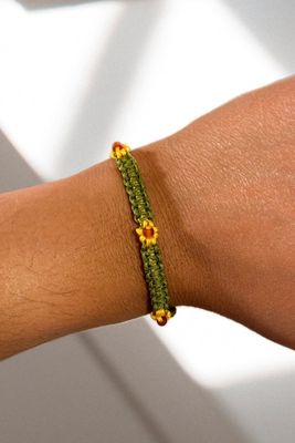 Green and Yellow Braided Bracelet w/ Brown Beads, Adjustable