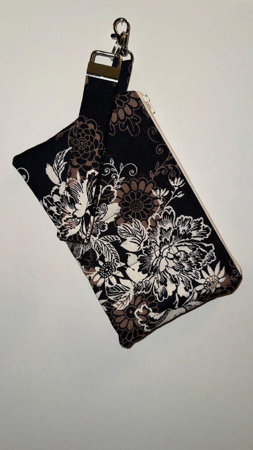 Quilted Black and Neutral Floral Key Fob and Wristlet Set