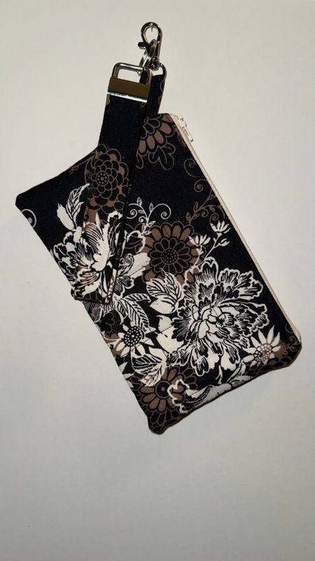 Quilted Black and Neutral Floral Key Fob and Wristlet Set