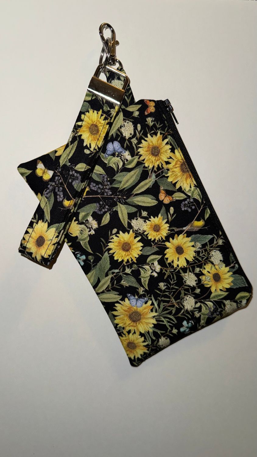 Quilted Black and Sunflower Print Key Fob and Wristlet Set