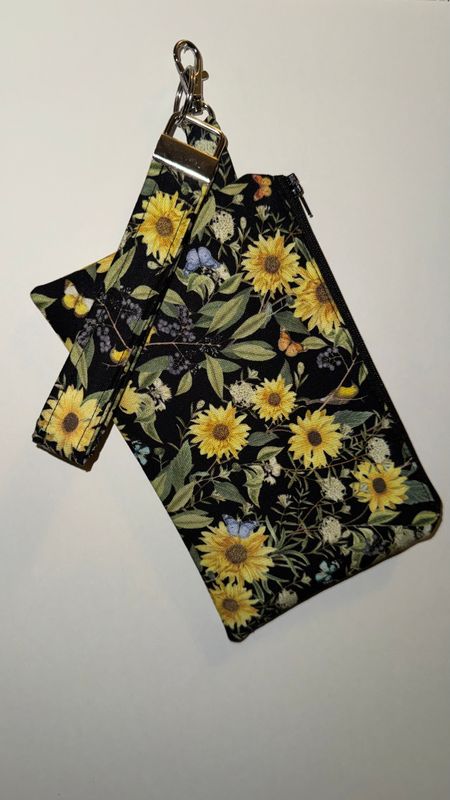 Quilted Black and Sunflower Print Key Fob and Wristlet Set