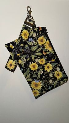Quilted Black and Sunflower Print Key Fob and Wristlet Set