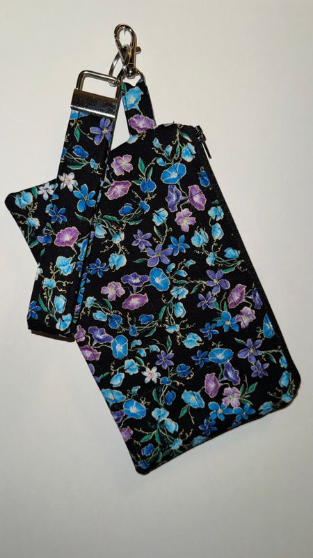 Quilted Black and Blue/Purple Floral Print Key Fob and Wristlet Set