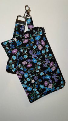 Quilted Black and Blue/Purple Floral Print Key Fob and Wristlet Set