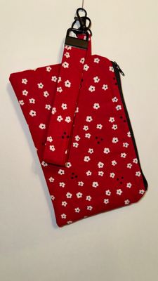 Red and White Floral Key Fob and Wristlet Set