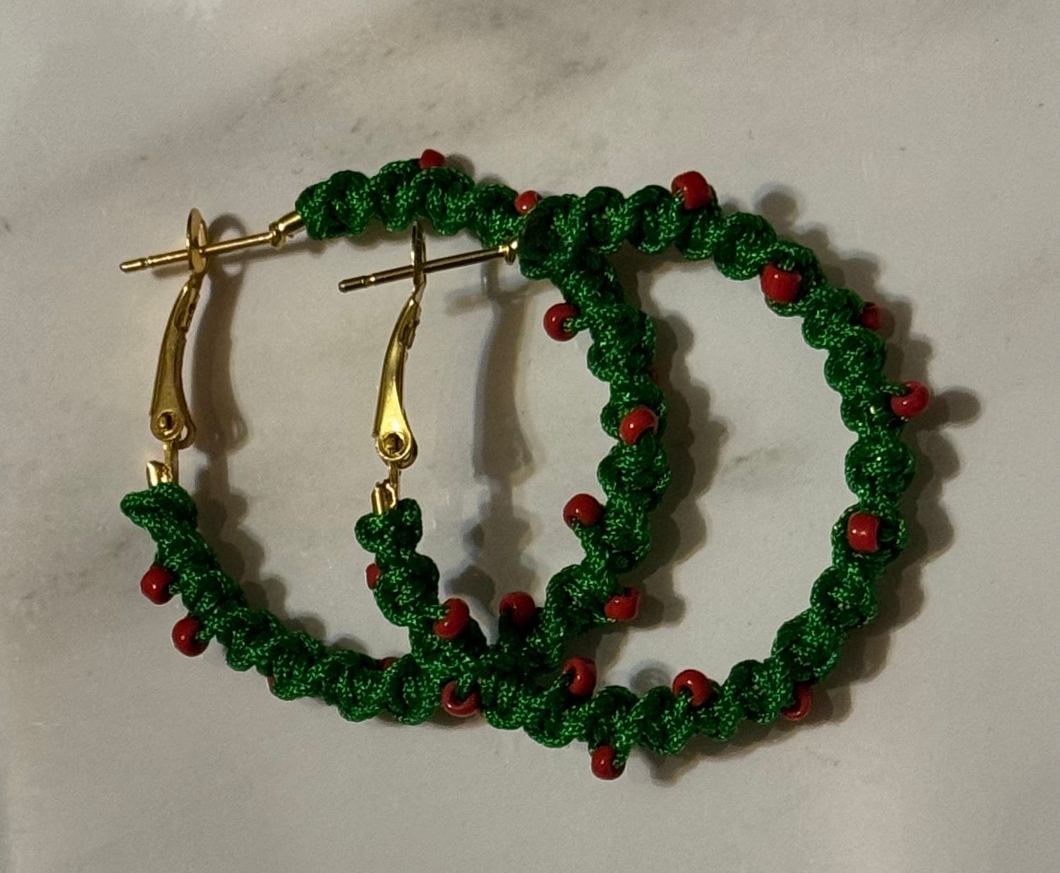 Green and Red “Holly Wreath” Macrame Hoops