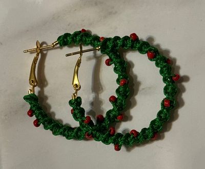 Green and Red “Holly Wreath” Macrame Hoops