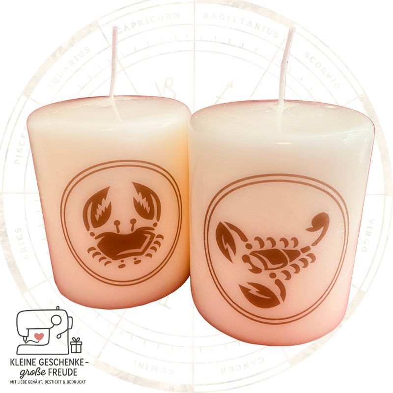 Sternzeichen-Kerze – handbedruckt mit Tierkreiszeichen, 8 × 9 cm