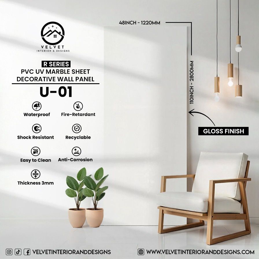 U-01 | R Series | PVC UV Marble Sheet | Decorative Wall Panel | 1/8 in x 48 in x 110 in | Gloss Finish | Waterproof & Fire-Retardant | Ideal for Living Rooms, Bathrooms & Feature Walls