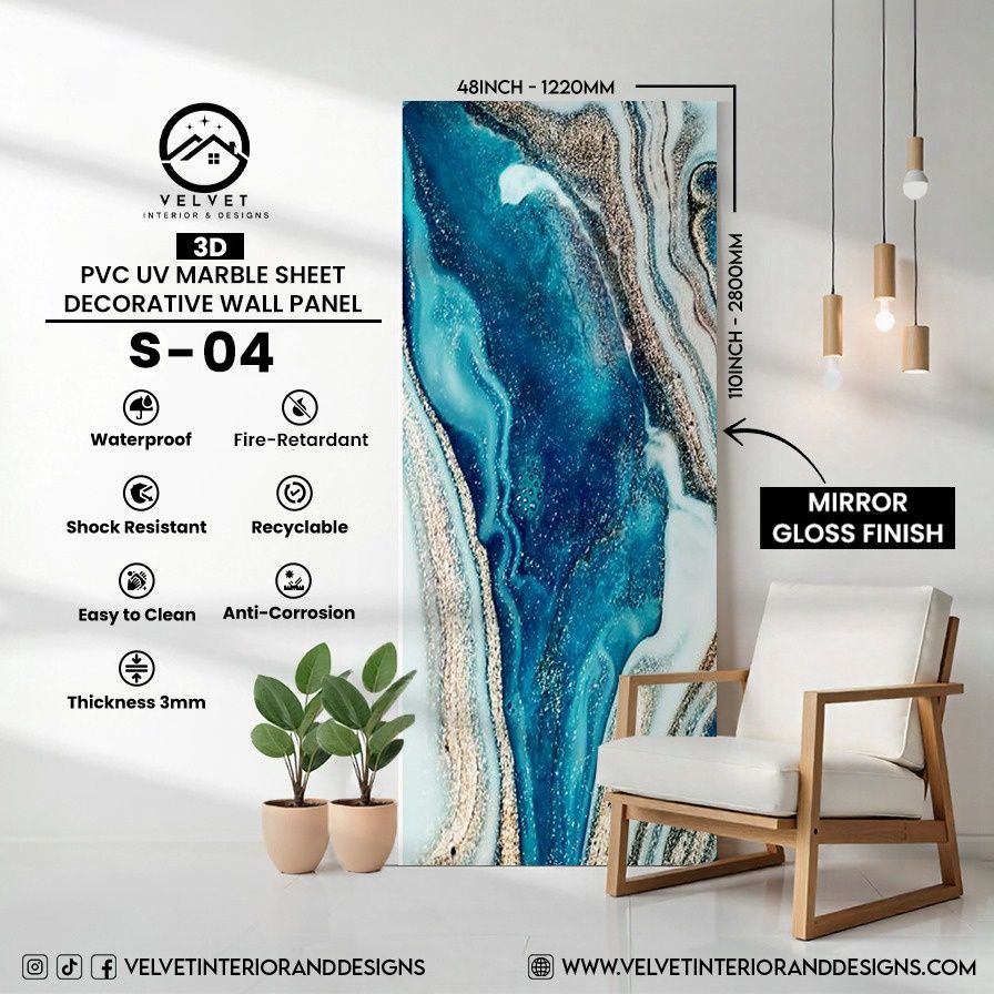 S-04 | 3D | PVC UV Marble Sheet | Decorative Wall Panel | 1/8 in x 48 in x 110 in | Mirror Gloss Finish | Waterproof & Fire-Retardant | Ideal for Living Rooms, Bathrooms & Feature Walls