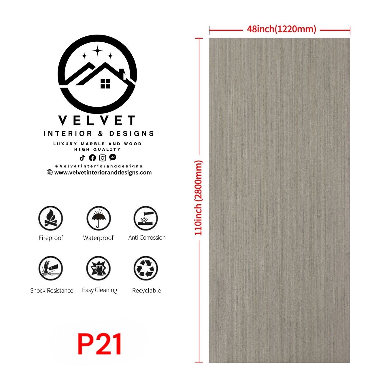 P-21 | Wood Veneer |  Decorative Wall Panel | 1/4 in x 48 in x 110 in | natural wood finish | Waterproof, Scratch-Resistant & Fire-Retardant | Ideal for Living Rooms, Bathrooms & Feature Walls, Size: 5mm