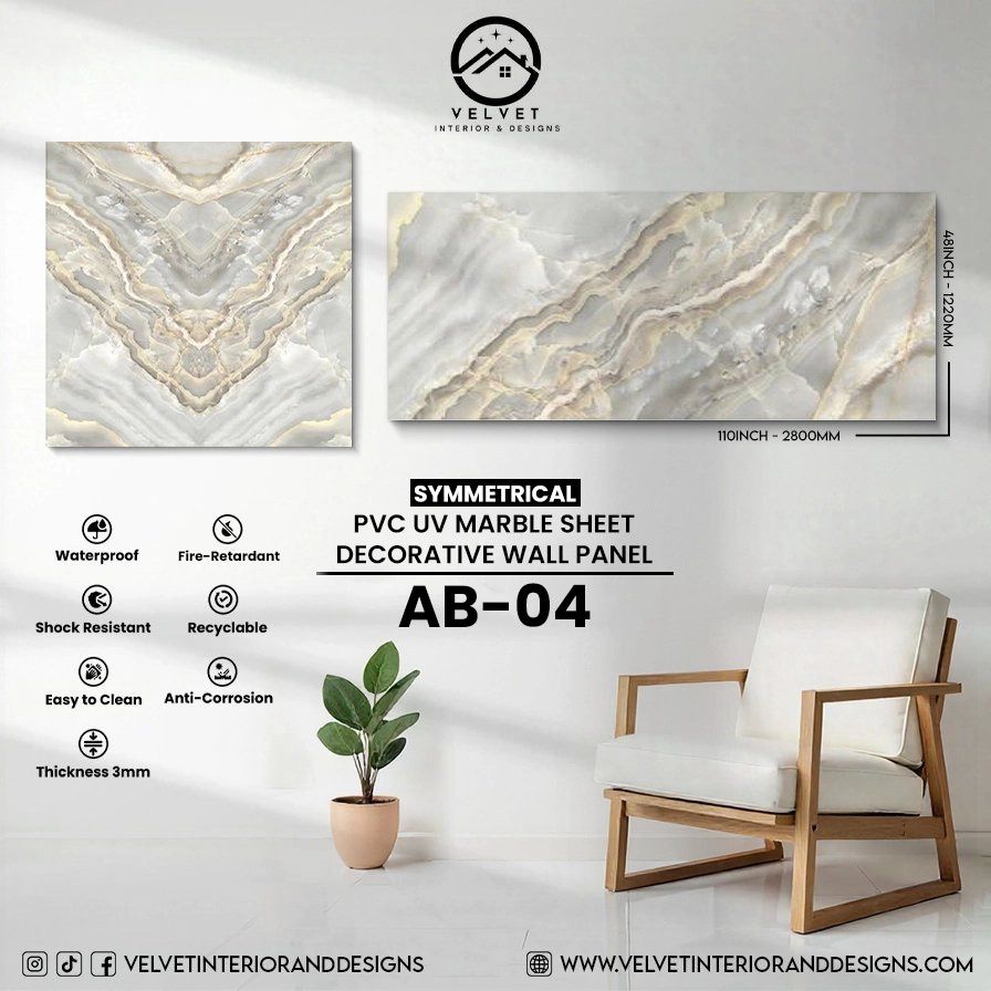 AB-04 | Symmetrical | PVC UV Marble Sheet | Decorative Wall Panel | 1/8 in x 48 in x 110 in | Mirror Gloss Finish | Waterproof &amp; Fire-Retardant | Ideal for Living Rooms, Bathrooms &amp; Feature Walls