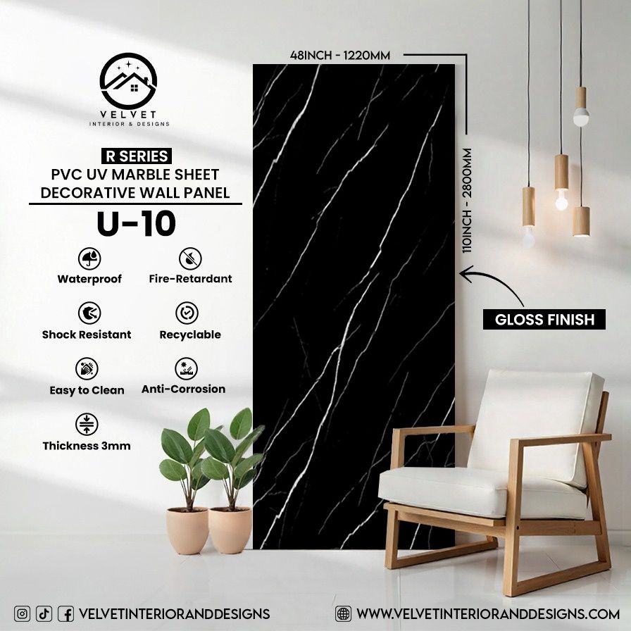 U-10 | R Series | PVC UV Marble Sheet | Decorative Wall Panel | 1/8 in x 48 in x 110 in | Gloss Finish | Waterproof & Fire-Retardant | Ideal for Living Rooms, Bathrooms & Feature Walls