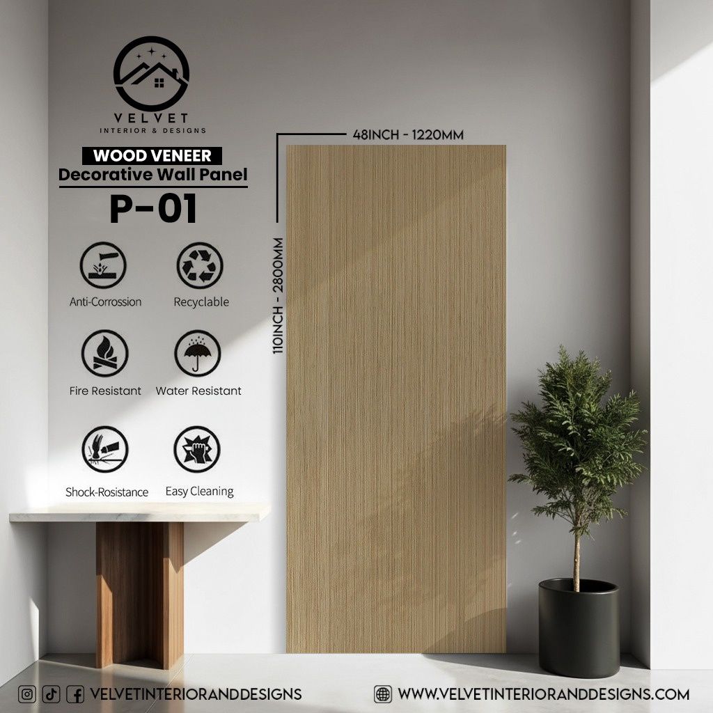 P-01 | Wood Veneer |  Decorative Wall Panel | 5/16 in x 48 in x 110 in | natural wood finish | Waterproof, Scratch-Resistant & Fire-Retardant | Ideal for Living Rooms, Bathrooms & Feature Walls