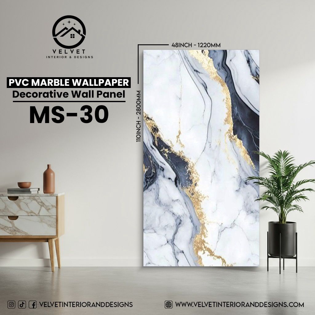 MS-30 | PVC Marble Wallpaper| Decorative Wall Panel | 1/8 in x 48 in x 110 in | Waterproof, Scratch-Resistant | Ideal for Living Rooms & Feature Walls