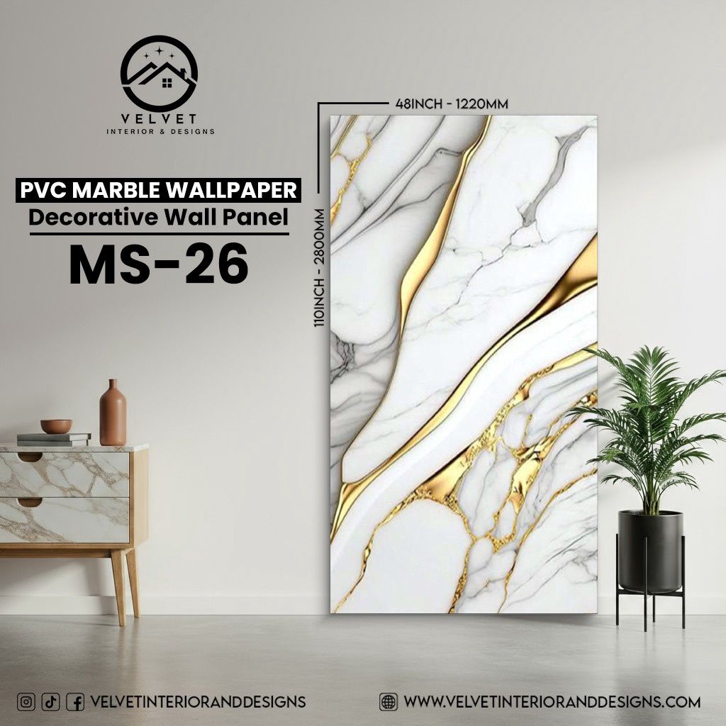MS-26 | PVC Marble Wallpaper| Decorative Wall Panel | 1/8 in x 48 in x 110 in | Waterproof, Scratch-Resistant | Ideal for Living Rooms & Feature Walls