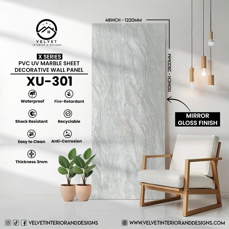 XU-301 | X Series | PVC UV Marble Sheets| Decorative Wall Panel | 1/8 in x 48 in x 110 in | Mirror Gloss Finish | Waterproof, Scratch-Resistant & Fire-Retardant | Ideal for Living Rooms, Bathrooms & F
