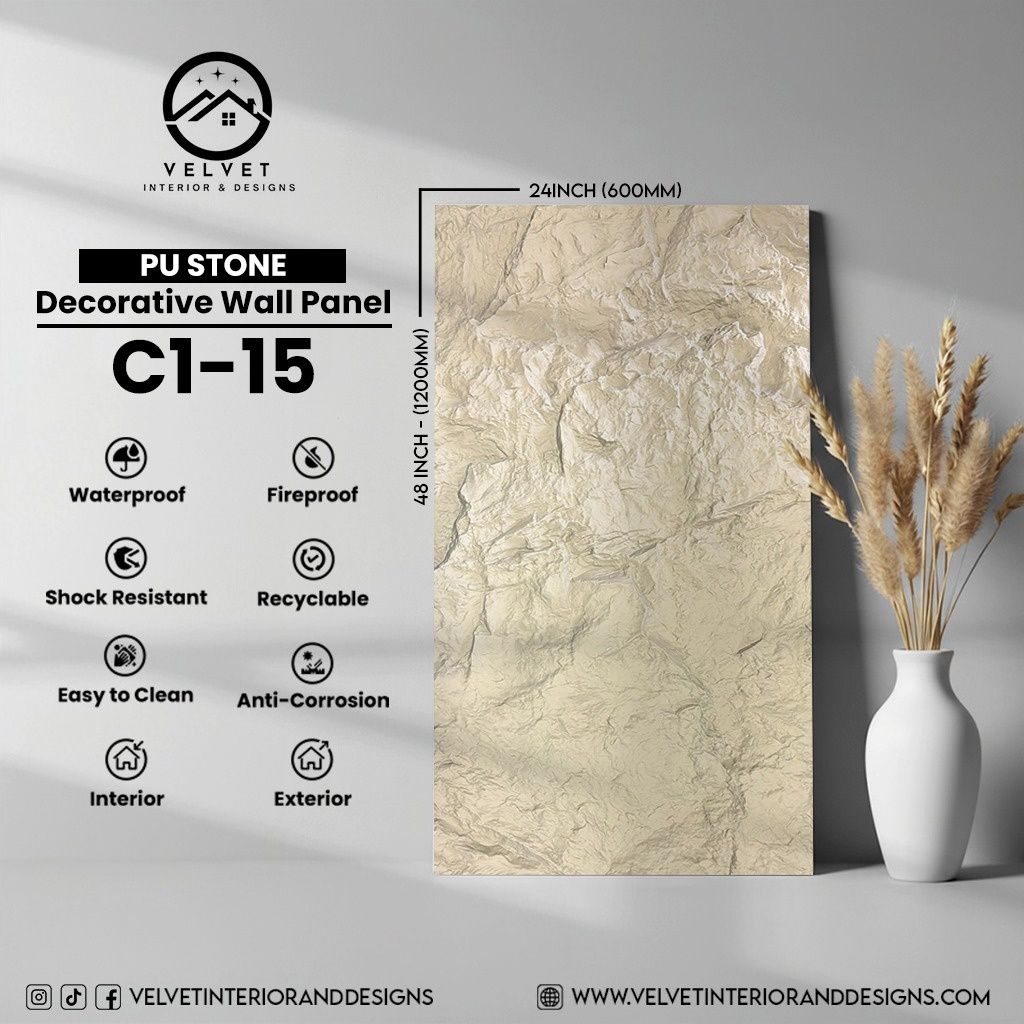C1-15 |PU Stone | Stone | Decorative Wall Panel | 2 in x 24 in x 48 in |Stone Finish | Waterproof, Scratch-Resistant & Fireproof | Ideal for Living Rooms, Bathrooms & Feature Walls