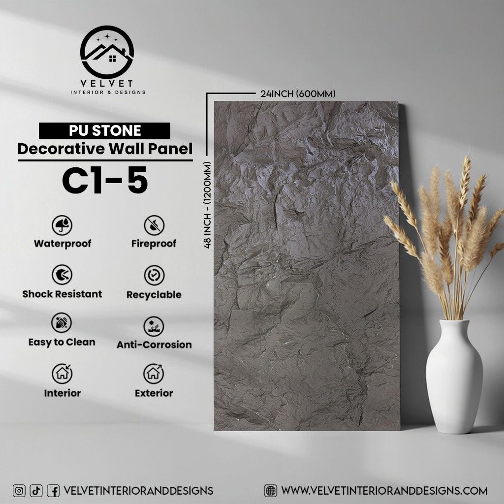 C1-5 | PU Stone | Stone | Decorative Wall Panel | 2 in x 24 in x 48 in |Stone Finish | Waterproof, Scratch-Resistant & Fireproof | Ideal for Living Rooms, Bathrooms & Feature Walls