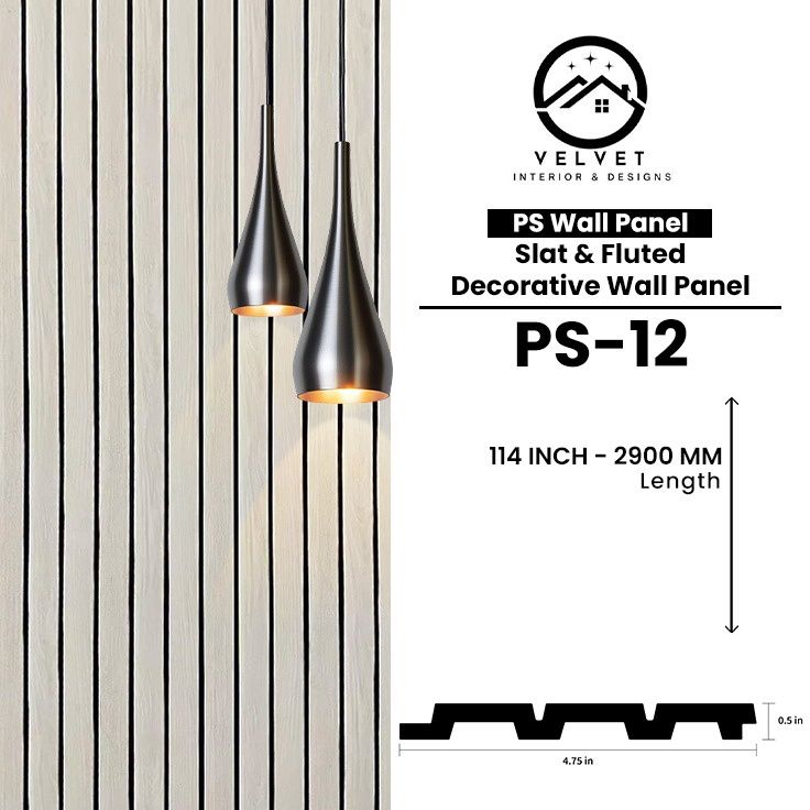 PS-12 | PS Wall Panel | Slat & Fluted Decorative Wall Panel | 0.5 in x 4.75 in x 114 in | Waterproof | Fire-Retardant | Ideal for Living Rooms, Bedrooms, Bathrooms, TV Walls & Feature Walls