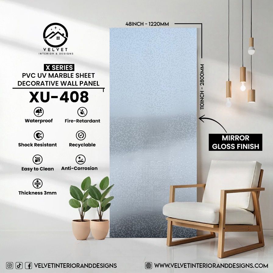 XU-408 | X Series | PVC UV Marble Sheet | Decorative Wall Panel | 1/8 in x 48 in x 110 in | Mirror Gloss Finish | Waterproof & Fire-Retardant | Ideal for Living Rooms, Bathrooms & Feature Walls
