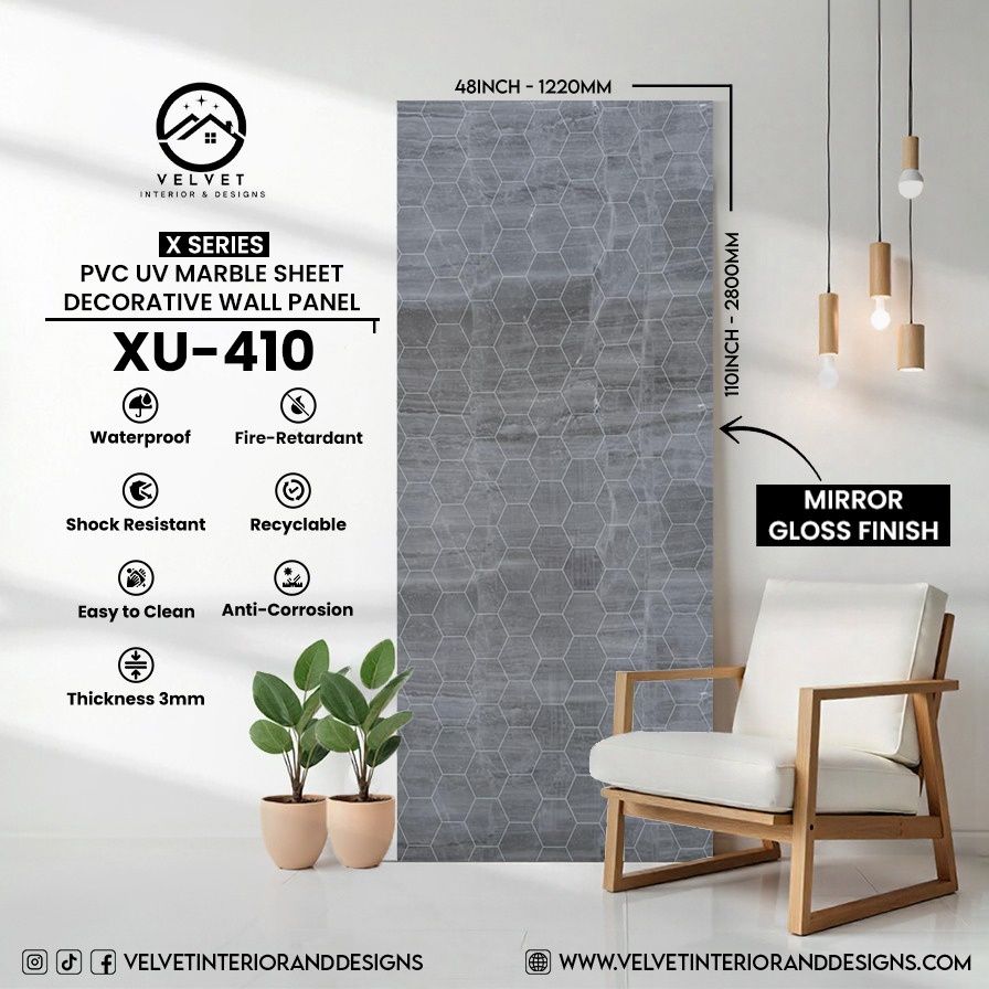XU-410 | X Series | PVC UV Marble Sheet | Decorative Wall Panel | 1/8 in x 48 in x 110 in | Mirror Gloss Finish | Waterproof & Fire-Retardant | Ideal for Living Rooms, Bathrooms & Feature Walls