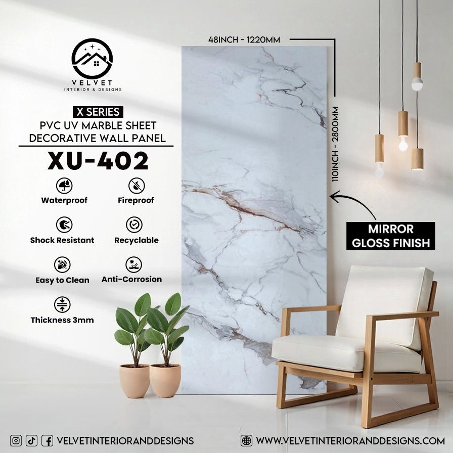 XU-402 | X Series | PVC UV Marble Sheet | Decorative Wall Panel | 1/8 in x 48 in x 110 in | Mirror Gloss Finish | Waterproof & Fire-Retardant | Ideal for Living Rooms, Bathrooms & Feature Walls