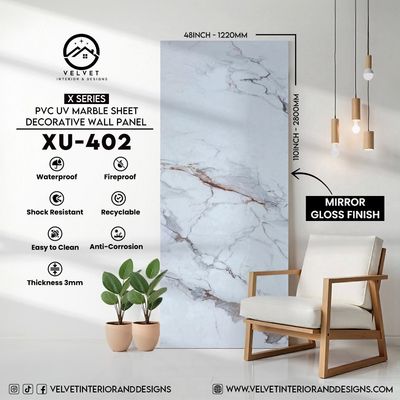 XU-402 | X Series | PVC UV Marble Sheet | Decorative Wall Panel | 1/8 in x 48 in x 110 in | Mirror Gloss Finish | Waterproof & Fire-Retardant | Ideal for Living Rooms, Bathrooms & Feature Walls