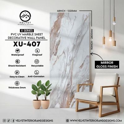 XU-407 | X Series | PVC UV Marble Sheet | Decorative Wall Panel | 1/8 in x 48 in x 110 in | Mirror Gloss Finish | Waterproof & Fire-Retardant | Ideal for Living Rooms, Bathrooms & Feature Walls