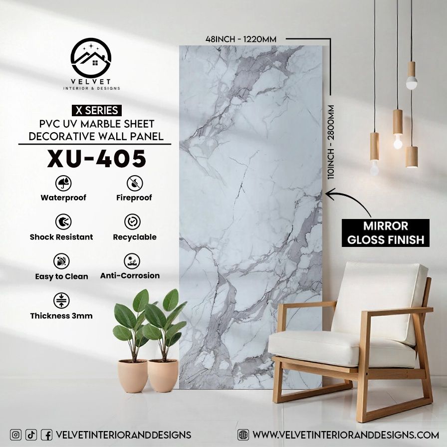 XU-405 | X Series | PVC UV Marble Sheet | Decorative Wall Panel | 1/8 in x 48 in x 110 in | Mirror Gloss Finish | Waterproof & Fire-Retardant | Ideal for Living Rooms, Bathrooms & Feature Walls