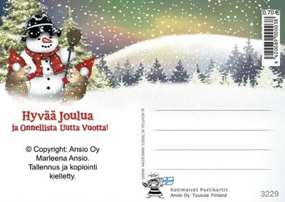 Joulukortti Marleena Ansio: siilit lumiukon kanssa