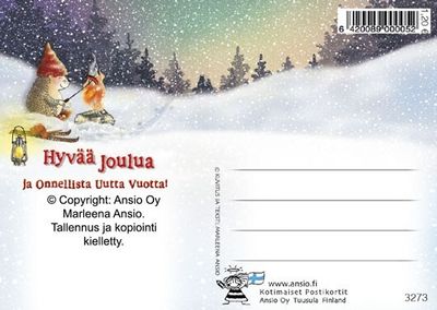 Joulukortti Marleena Ansio: siili hiihtoretkellä