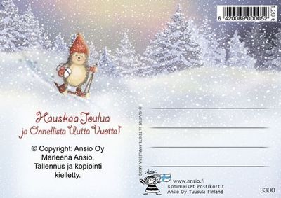 Joulukortti Marleena Ansio: siili suksien kanssa