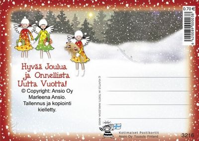 Joulukortti Marleena Ansio: piirrosenkeli ja jouluruno