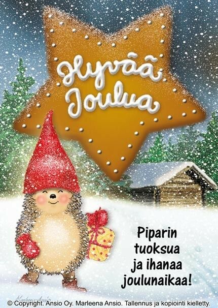 Joulukortti Marleena Ansio: siili lahjan kanssa