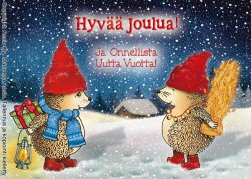Joulukortti Marleena Ansio: siilien lahjahetki
