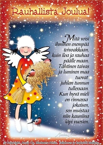 Joulukortti Marleena Ansio: piirrosenkeli ja jouluruno