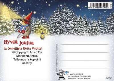 Joulukortti Marleena Ansio: siilit traktorin kanssa