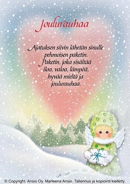 Joulukortti Marleena Ansio: vihreänuttuinen enkeli