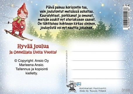 Joulukortti Marleena Ansio: possu hiihtämässä