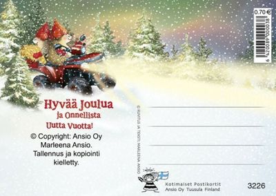 Joulukortti Marleena Ansio: siilit mönkkäriajelulla lahjoineen