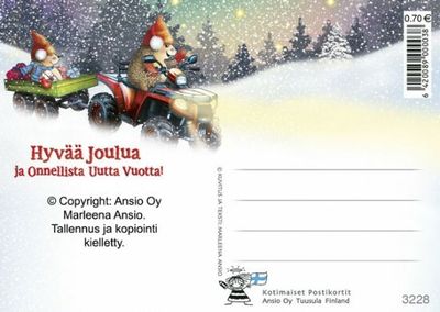 Joulukortti Marleena Ansio: siilit &amp; lyhde mönkkäriajelulla