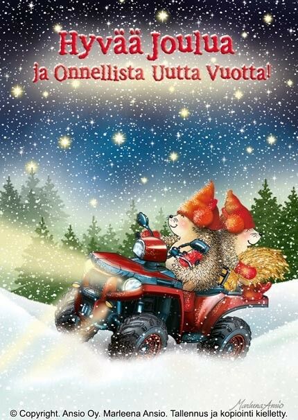 Joulukortti Marleena Ansio: siilit &amp; lyhde mönkkäriajelulla