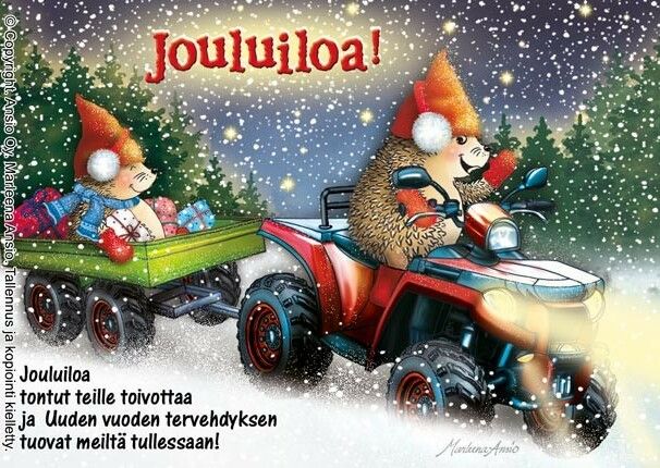 Joulukortti Marleena Ansio: siilit mönkkäriajelulla lahjoineen